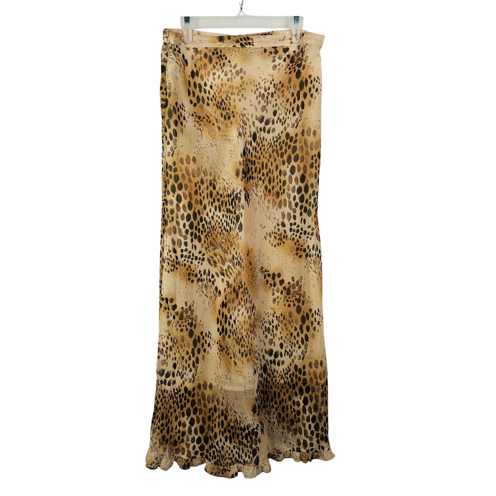 Selene Sport Tan Leopard Print Mesh Ruffle Hem Maxi Skirt XL Y2K Mob Wife Boho